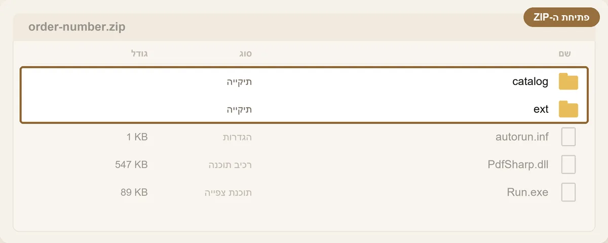 תוכן קובץ ה-ZIP: תיקיות catalog ו-ext ותוכנת הצפייה Run.exe