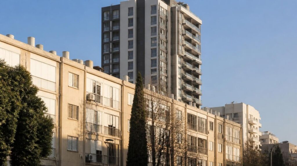 בניינים ישנים ומגדל מגורים חדש - חוק פינוי ובינוי